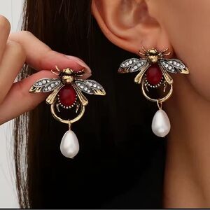 Bee Drop Earrings with Red and Pearl Accents